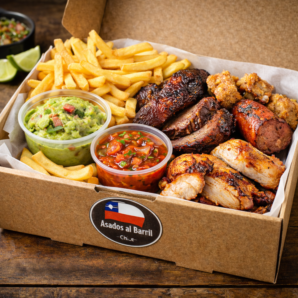 Caja de degustación Asados al Barril Chile: costillar, chorizos, pollo, papas fritas y salsas