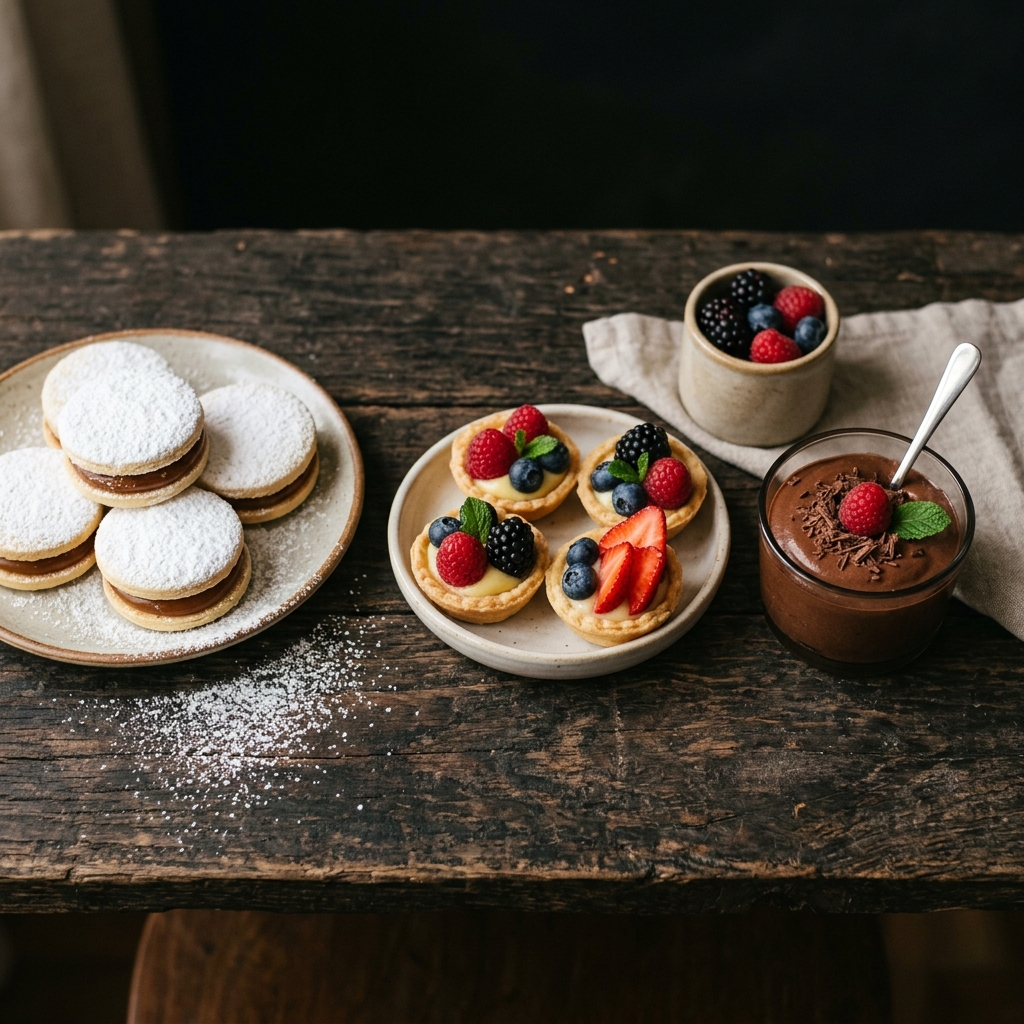 Mesa de postres artesanales con alfajores, mousse de chocolate, churros y tartas de fruta